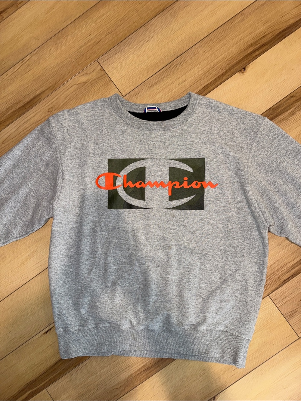 Champion Gray Crewneck with Olive Panel and Orange Logo
